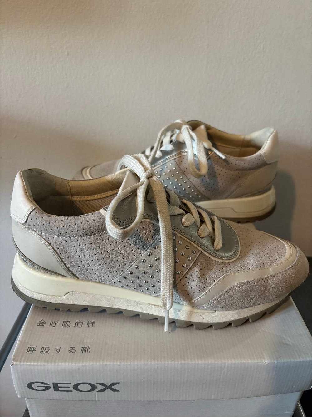 GEOX Neutral Grey and White Suede Casual Sneakers